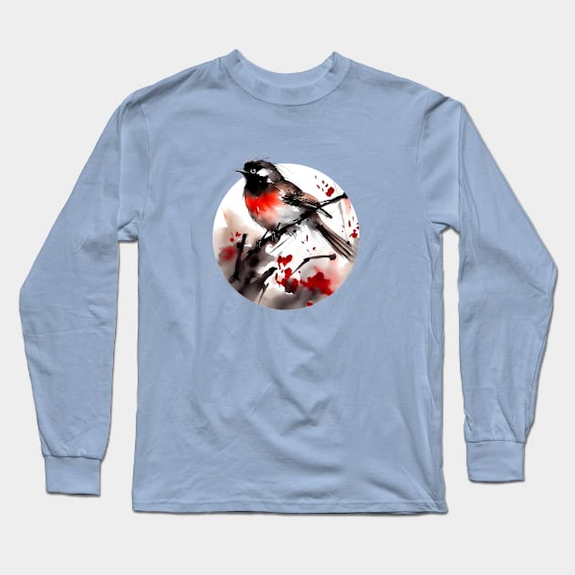 Watercolour robin on branch Long Sleeve T-Shirt by Blacklinesw9